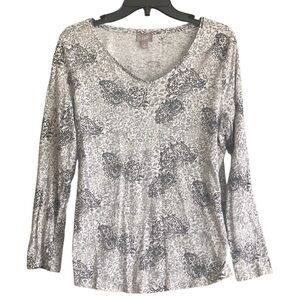 J. Jill Long Sleeve Gray Paisley and Butterfly Print Top. Size Medium.